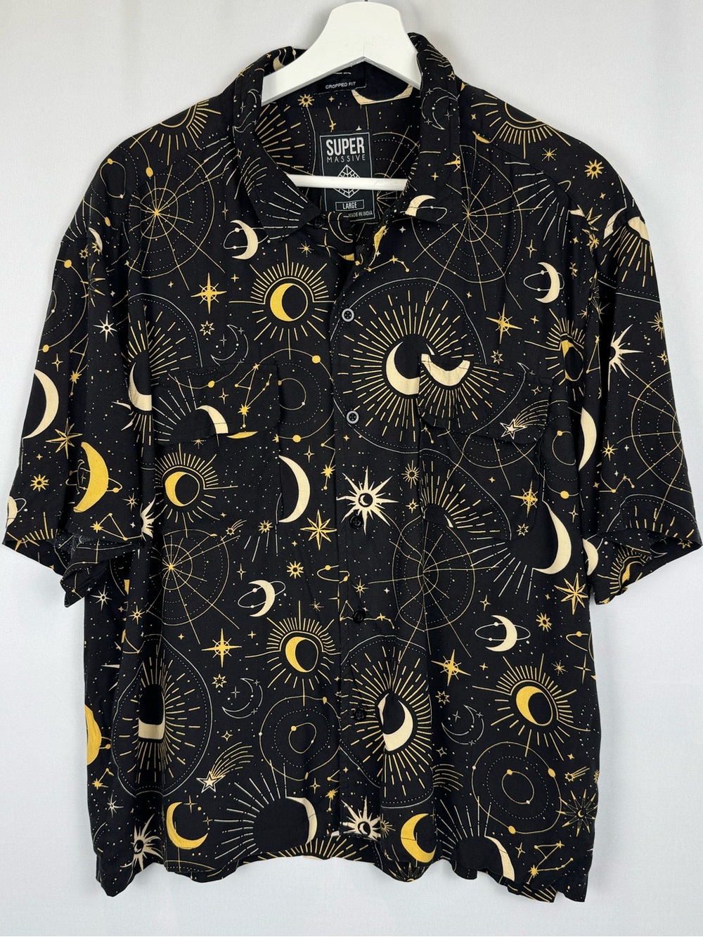 Super Massive Men’s Black Celestial Short Sleeve Button Down Shirt Moon Stars LG